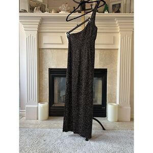 Vintage Bieff Basix Black Over Copper Shimmery Beaded Silk Formal Long Dress Gow